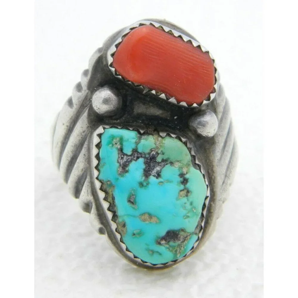 Navajo R Signed Designer Sterling Silver Heavy Coral Turquoise Ring 15g Size 9.5